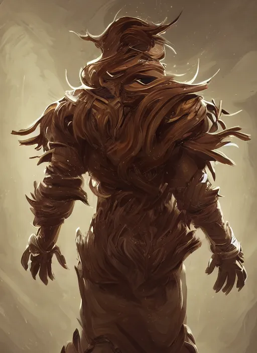 Image similar to a highly detailed illustration of thick wavy brown haired young white guy wearing brown coat and face mask, black mechanical arms rising from his back, dramatic standing pose, intricate, elegant, highly detailed, centered, digital painting, artstation, concept art, smooth, sharp focus, league of legends concept art, WLOP