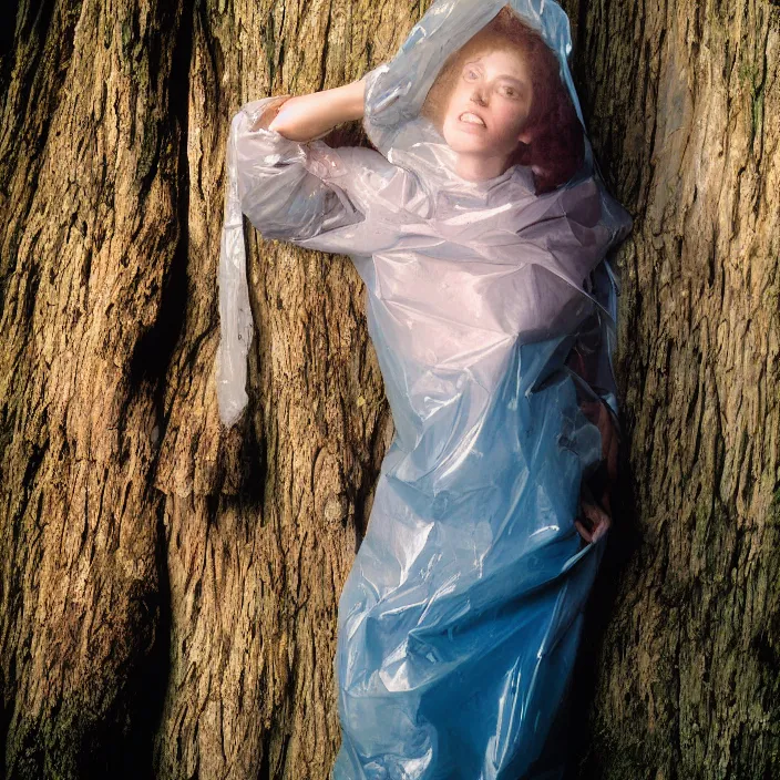 Prompt: a color photograph, closeup portrait of a woman wrapped in plastic, in grand olympic national park in washington, color photograph, by vincent desiderio, canon eos c 3 0 0, ƒ 1. 8, 3 5 mm, 8 k, medium - format print