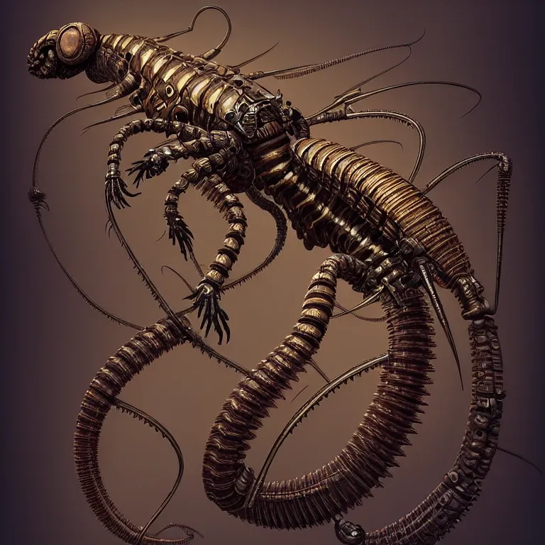 Image similar to steampunk cybernetic biomechanical scolopendra, 3 d model, unreal engine realistic render, 8 k, micro detail, intricate, elegant, highly detailed, centered, digital painting, artstation, smooth, sharp focus, illustration, artgerm, tomasz alen kopera, wlop