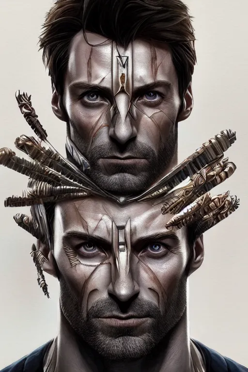 Image similar to symmetry!! portrait of hugh jackman in the boys in the style of god of war, machine parts embedded into face, intricate, elegant, highly detailed, digital painting, artstation, concept art, smooth, sharp focus, illustration, art by artgerm and greg rutkowski and alphonse mucha, 8 k