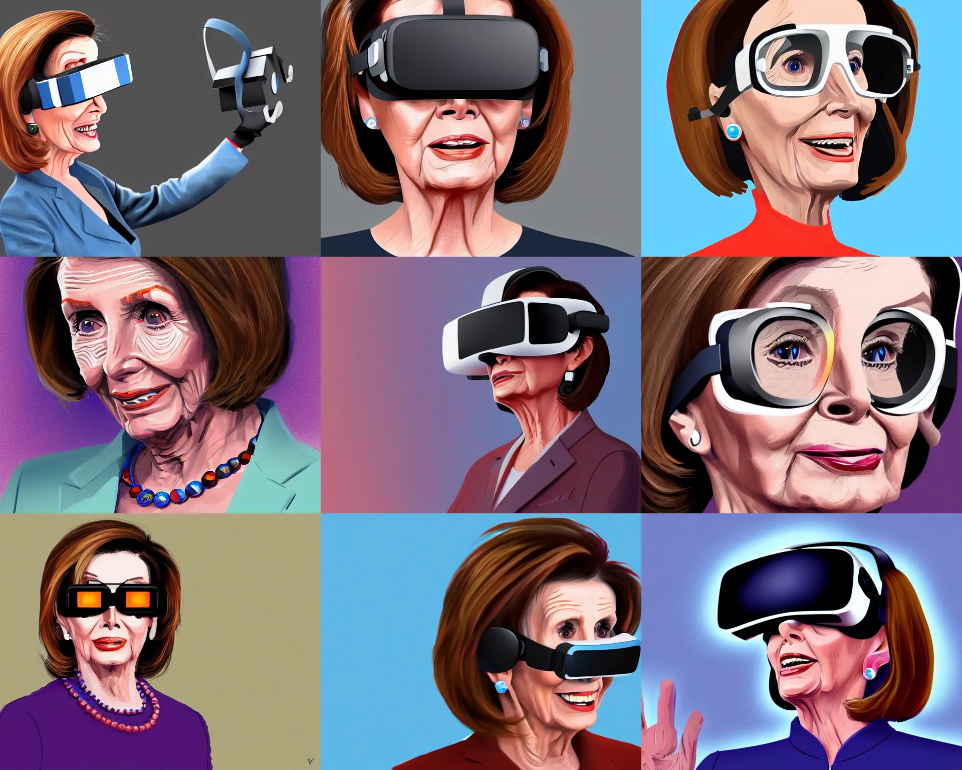 Prompt: Nancy Pelosi wearing VR goggles, highly detailed, intricate, accurate face, Trending artstation, pixiv, digital Art