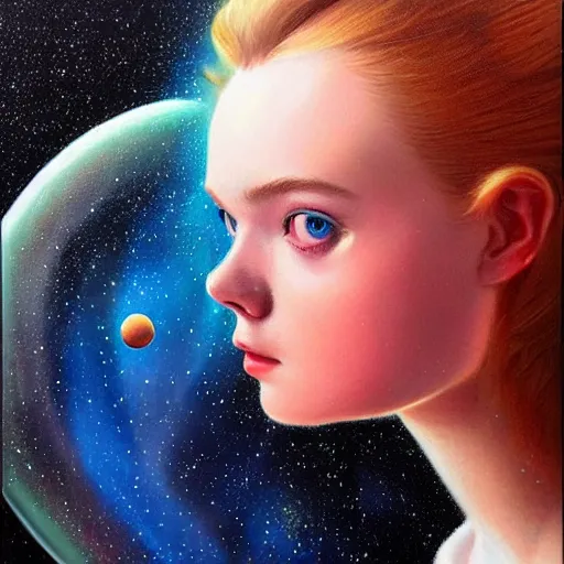 Image similar to a striking hyper real painting of Elle Fanning in space by John Sargent