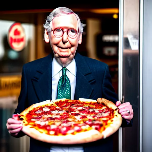 Image similar to photograph portrait of Mitch McConnell entering a pizza shop, sigma 85mm f/1.4, 4k, depth of field, high resolution, 4k, 8k, hd, full color