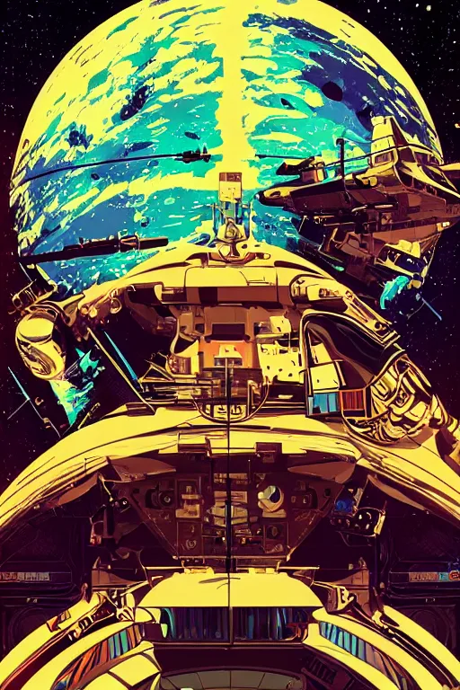 Prompt: the most amazing dream of science fiction dj astronauts, syd mead, dan mumford, moebius, hd, vibrant color, high contrast, digital illustration