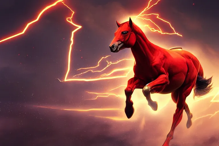 Image similar to a stunning digital painting of a horse as the flash in spandex costume, running in the speedforce by greg rutkowski, volumetric light, digital art, fine detail, photorealistic