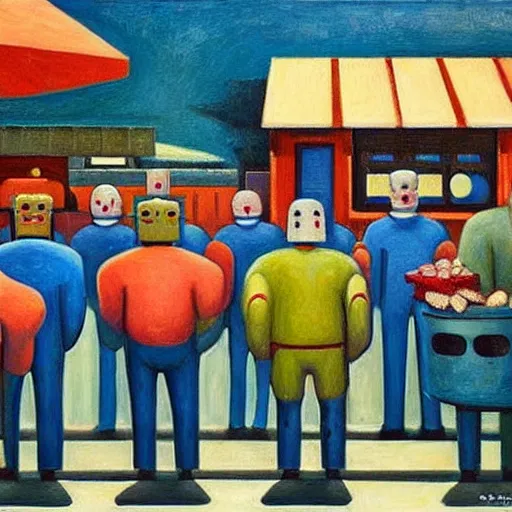 Image similar to robots queue up for ice cream,! grant wood!,! pj crook!, edward hopper, oil on canvas