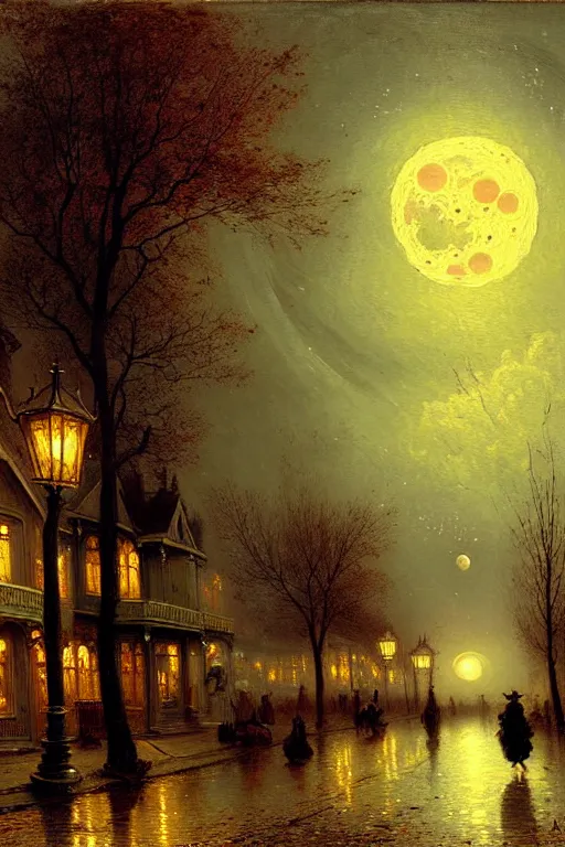 Image similar to detailed painting of a victorian living capsule architecture, spooky night scene, moon stars, autumn trees, street lights, filigree ornaments, andreas achenbach