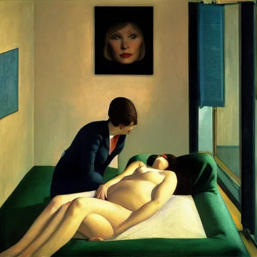 Prompt: a woman in hospital, hyperrealistic film still by edward hopper, by gottfried helnwein, by klimt, by paolo uccello, art nouveau, highly detailed, strong lights, liminal, eerie, symbolist, bright pastel colors