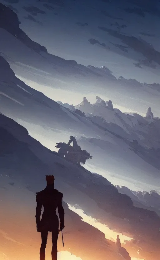 Image similar to a beautiful artwork illustration, silhouette of a man standing on a hill looking at his kingdom in the distance, high contrast, high saturation, by Greg Rutkowski and Jesper Ejsing and Raymond Swanland, featured on artstation, wide angle, vertical orientation