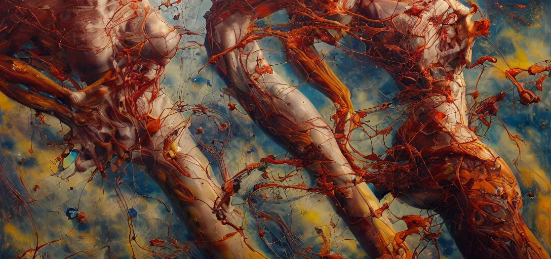 Prompt: abstract, fleshy anatomical skinny figures with extra limbs, hovering in the air, zero gravity, neurons firing, rich colours, karol bak, mark brooks, hauntingly surreal, highly detailed painting by katsuhiro otomo, part by james jean, part by adrian ghenie, part by gerhard richter, soft light 4 k