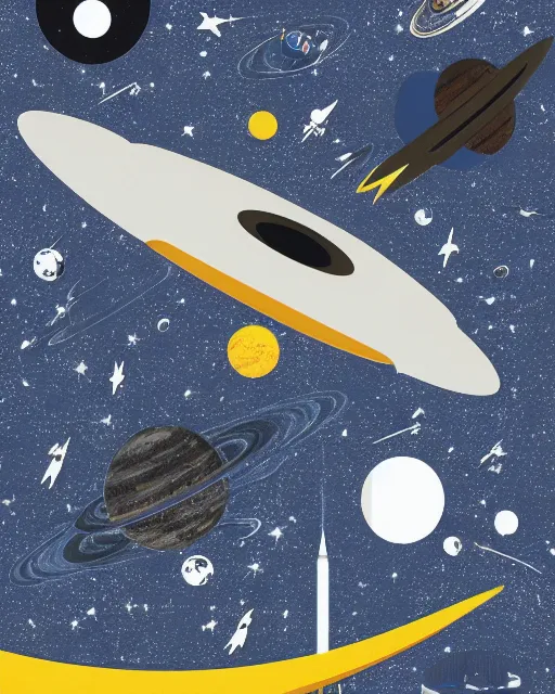 Prompt: A collage of Space Travel, landing on the moon, mid-century modern, made of random shapes cut from magazines