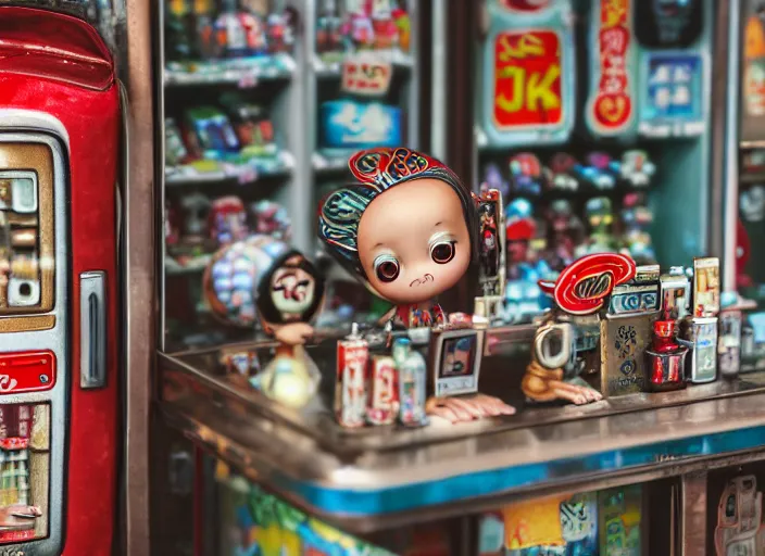 Image similar to closeupof portrait of tin toy tokyo corner store and vending machines, depth of field, zeiss lens, detailed, centered, photoshoot, by nicoletta ceccoli, mark ryden, lostfish, breathtaking, 8 k resolution, extremely detailed, beautiful, establishing shot, artistic, hyperrealistic, octane render, - h 7 0 4