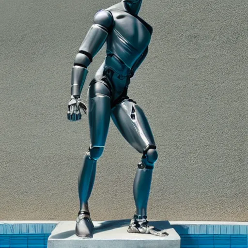 Image similar to a realistic detailed photo of a guy who is an attractive humanoid who is half robot and half humanoid, who is a male android, wrestler nick suriano, shiny skin, posing like a statue, blank stare, by the pool, on display, showing off his muscles, humanoid robot, frozen ice statue