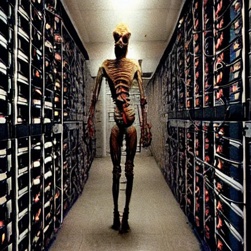 Prompt: “ugly filthy gross fleshy raw meat insectoid cybernetic mummy horse standing in a filthy dirty small server room filled with garbage and networking cables. David Cronenberg. Body horror style. 35mm.”