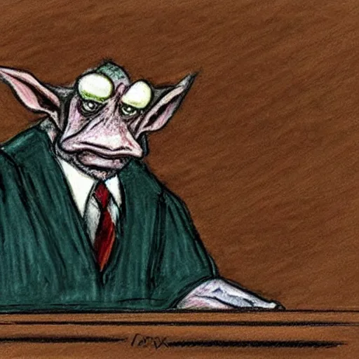 Image similar to a vivid courtroom sketch of a goblin testifying on trial,