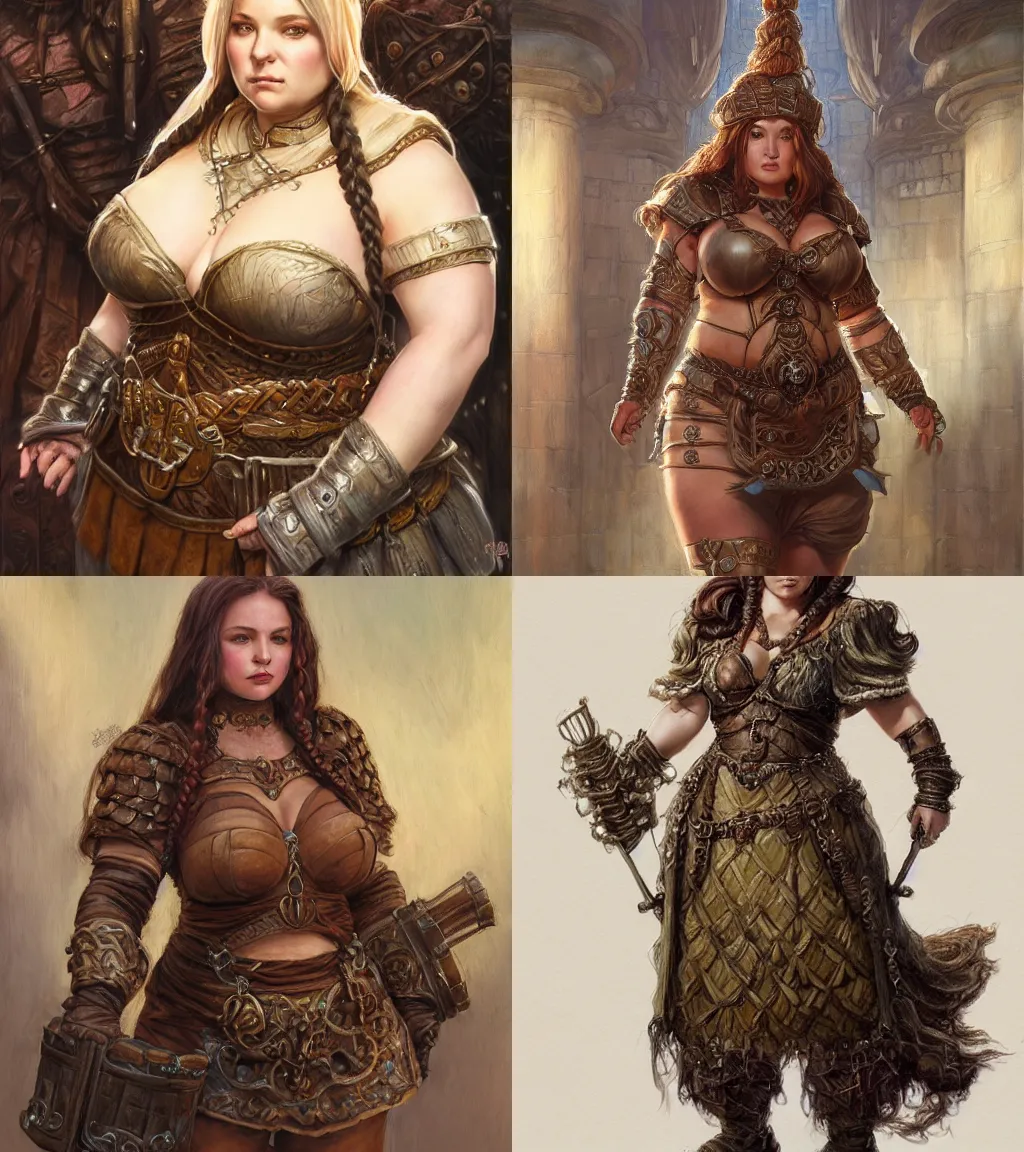 Prompt: plump female dwarven royal maid | complex braided hairstyle | hyperdetailed | donato giancola, ralph horsley | waist-up portrait | tubby broad body| dungeons and dragons | large nose |