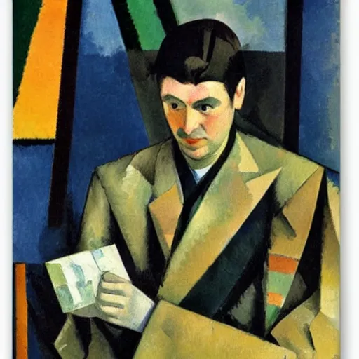 Image similar to A painting of a man holding a phone, collage, painting by Sonia Delaunay, by Paul Cézanne dull