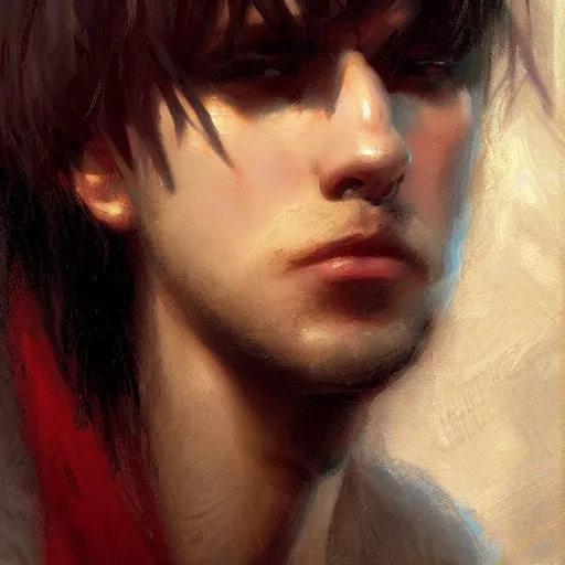 Image similar to A handsome, cute emo guy, close-up portrait by Gaston Bussiere, Craig Mullins, trending on artstation, artstationHD, artstationHQ, artstation digital artwork