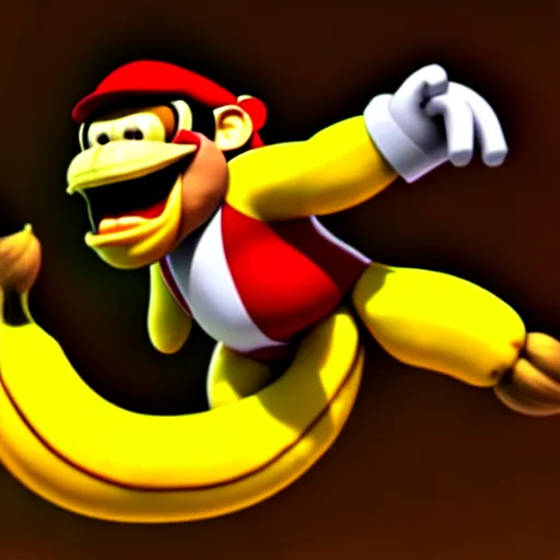 Prompt: Donkey Kong slipping on a banana, 3D render