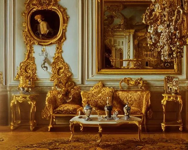 Image similar to photo of rococo interior, hyperrealism. photorealistic! extreme detail, closeup, sharp focus, helmut newton