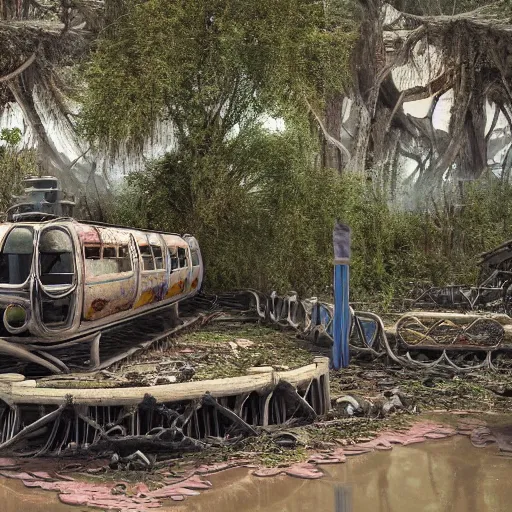 Prompt: post - apocalyptic magic kingdom, wasteland, submerged, monorail, abandoned, wet, swamp, walt disney world, highly detailed, intricate, 8 k