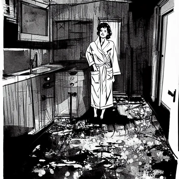 Prompt: inside a dingy scary decaying 1 9 6 0 s house. susan sarandon wearing an old bathrobe slouched behind a table. technique : black and white pencil and ink. by gabriel hardman, joe alves, chris bonura. cinematic atmosphere, detailed and intricate, perfect anatomy