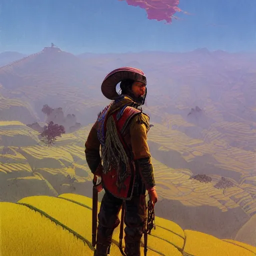 Image similar to cyberpunk afghan cowboy outrider standing atop a ridge, viewing rolling hills covered in rice terraces. c. leyendecker, simon stalenhag, studio ghibli, barlowe, audobon and beksinski