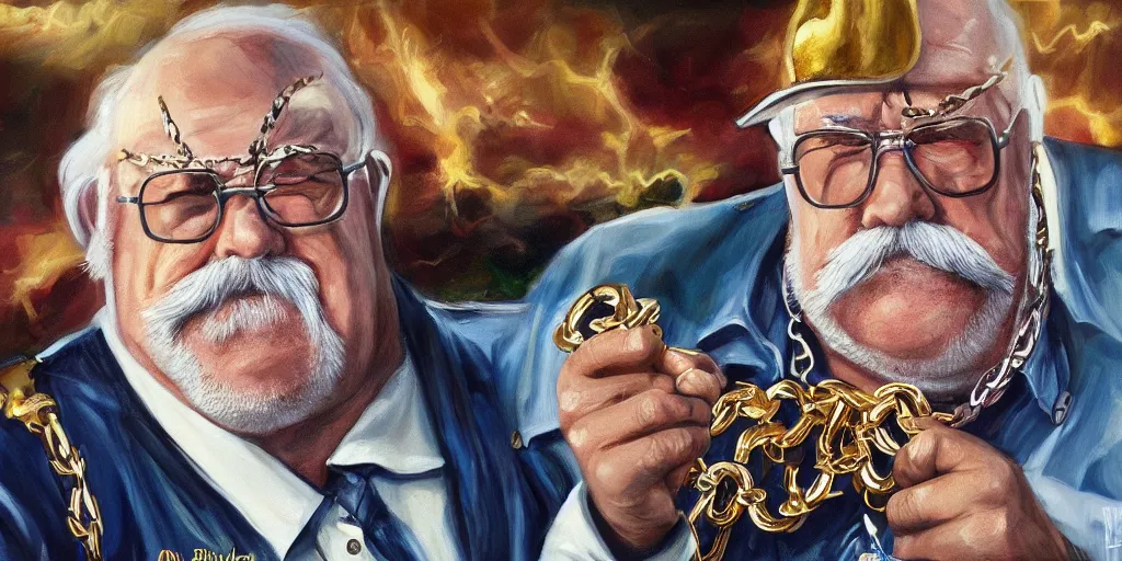 Image similar to wilford brimley rapper wearing gold chains with gold rings on his fingers diabeetus high fidelity painting high resolution trending on artstation