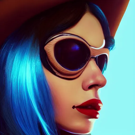 Image similar to closeup painting of a very beautiful young mexican cyberpunk woman smirking, wearing light blue shutter shades and a dark brown leather jacket, one side haircut, long brown hair with light blue ends, portrait, hyperdetailed, artstation, cgsociety, 8 k, synthwave by tangerine dream