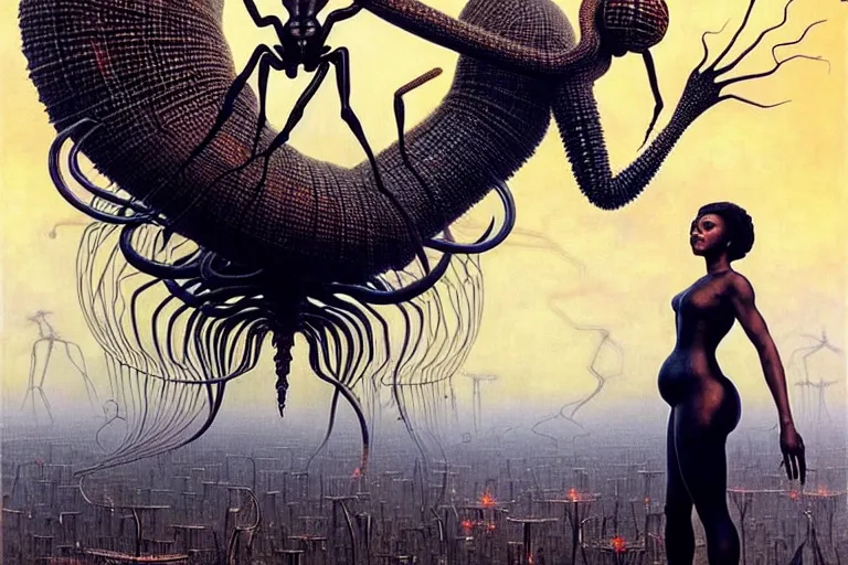 Prompt: realistic detailed portrait movie shot of a beautiful black woman riding a giant spider, dystopian city landscape background by denis villeneuve, amano, yves tanguy, alphonse mucha, max ernst, ernst haeckel, kehinde wiley, jean delville, david lynch, roger dean, cyber necklace, rich moody colours, sci fi patterns, dramatic, wide angle