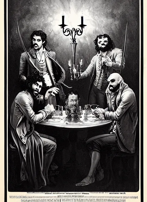 Prompt: old movie poster from 8 0 - s with three vampires from < < what we do in the shadows > > sitting around a table, baroque style art by gustave dore, gray lights in the background, dramatic light