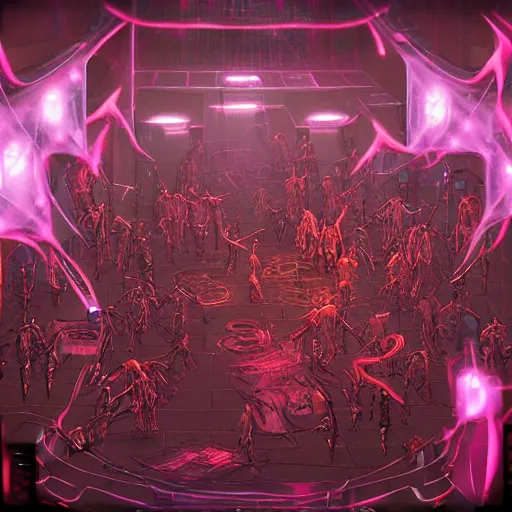 Image similar to techno dance club full of cyberpunk undead lich ilithid mindflayers, honeycomb floor, D&D, lights, lasers, music, highly detailed, realistic, technology and magic,