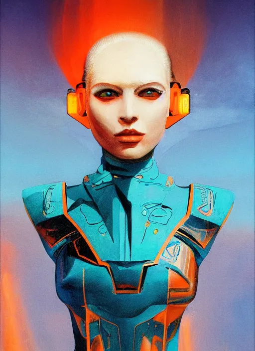 Image similar to symmetry!!! closeup portrait of a cyborg pharaoh girl, fashion racing jumpsuit with big shoulder pads, cinematic light, backlight, windy, teal orange, volumetric smoke, mist, by gerald brom, by mikhail vrubel, by peter elson, muted colors, extreme detail, trending on artstation, 8 k
