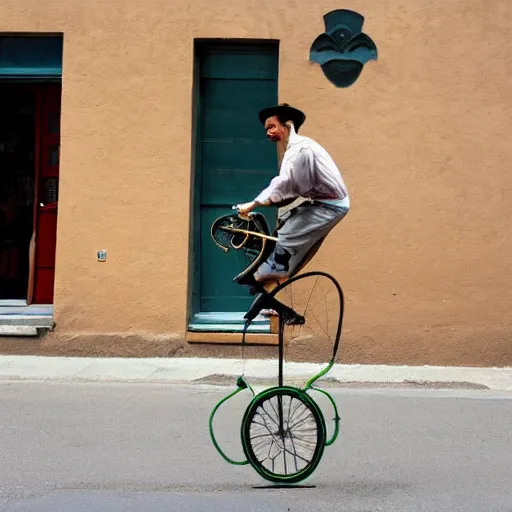 Image similar to A man riding a unicycle in the style of Salvador Dali