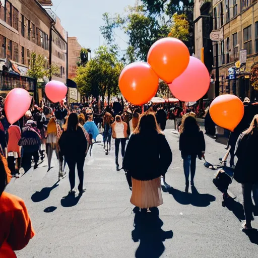 Image similar to A large group of people parading through the street each holding balloons, calm afternoon, natural lighting.