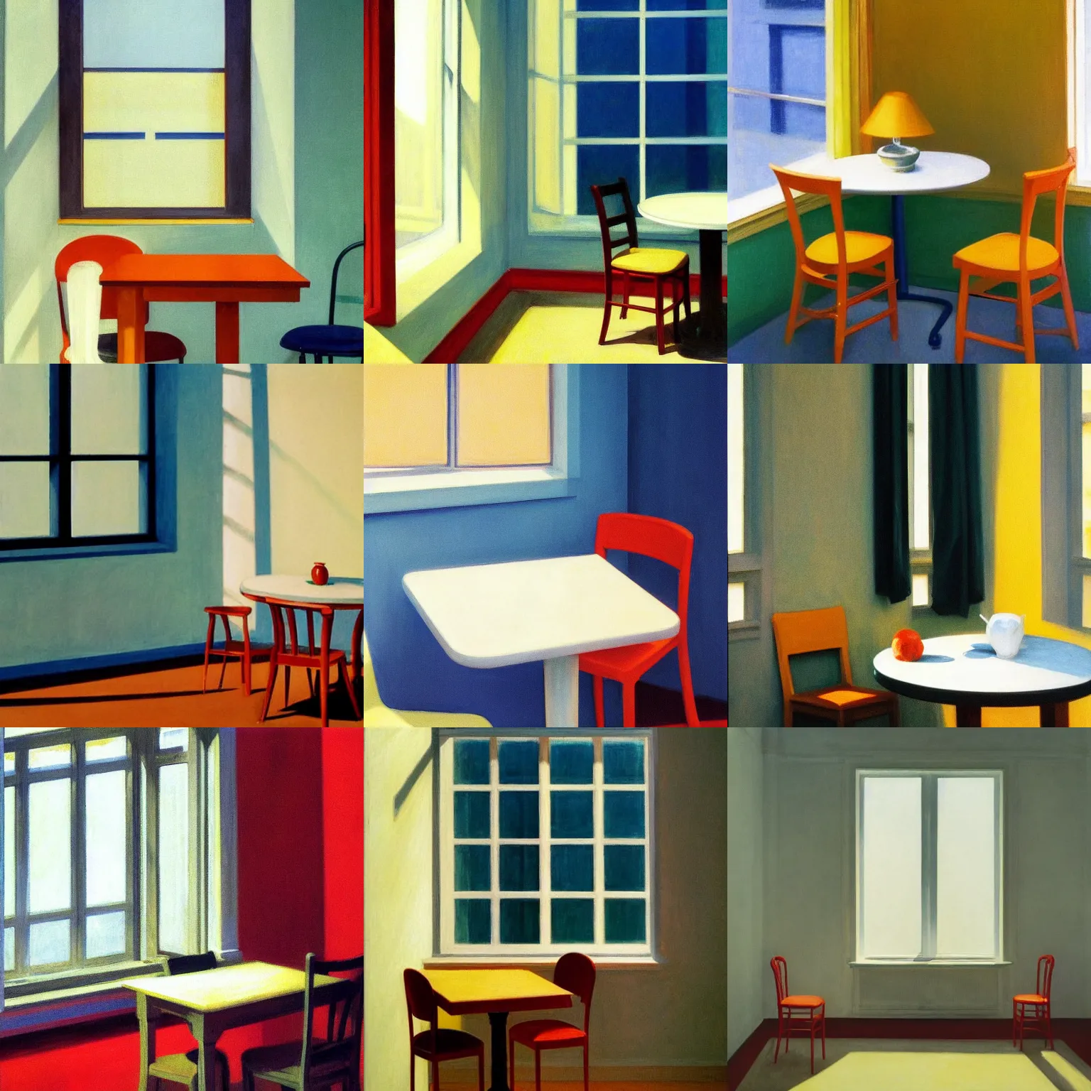 Prompt: interior white wall, open window ib background, two plastic chair behind a table, soft light from the window, color photo by edward hopper