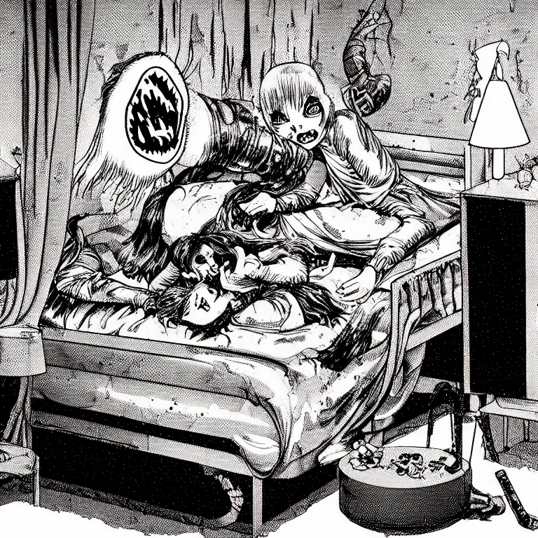 Image similar to cursed illustration of beautifully ominous creepy sleep paralysis demon sliding inside 1 9 8 0's teeanger cluttered bedroom. manga style of junji ito, kentaro mirua, weirdcore, octane render