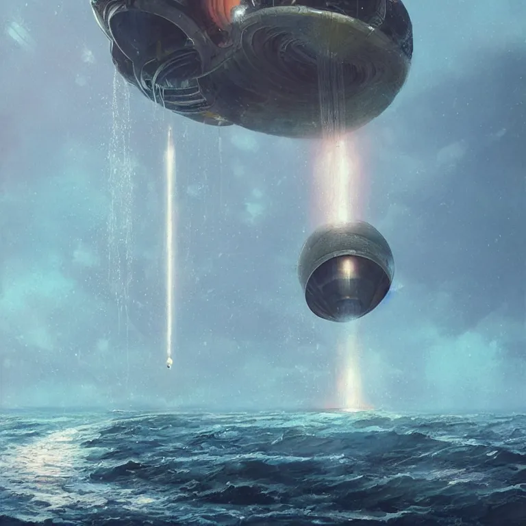 Image similar to mechanical spaceship nautilus dripping wet emerging from a the ocean, launching to space, big booster rocket engines, sci - fi concept art, by john harris, by simon stalenhag, stunning, award winning