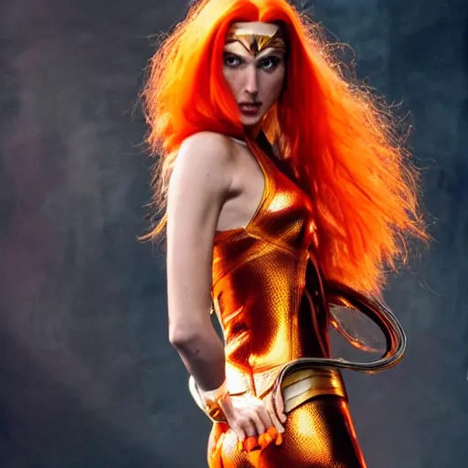 Image similar to Gal Gadot starring in the Fifth Element as Leeloo, orange hair, cinematic full shot, Leeloo outfit designed by Jean Paul Gaultier