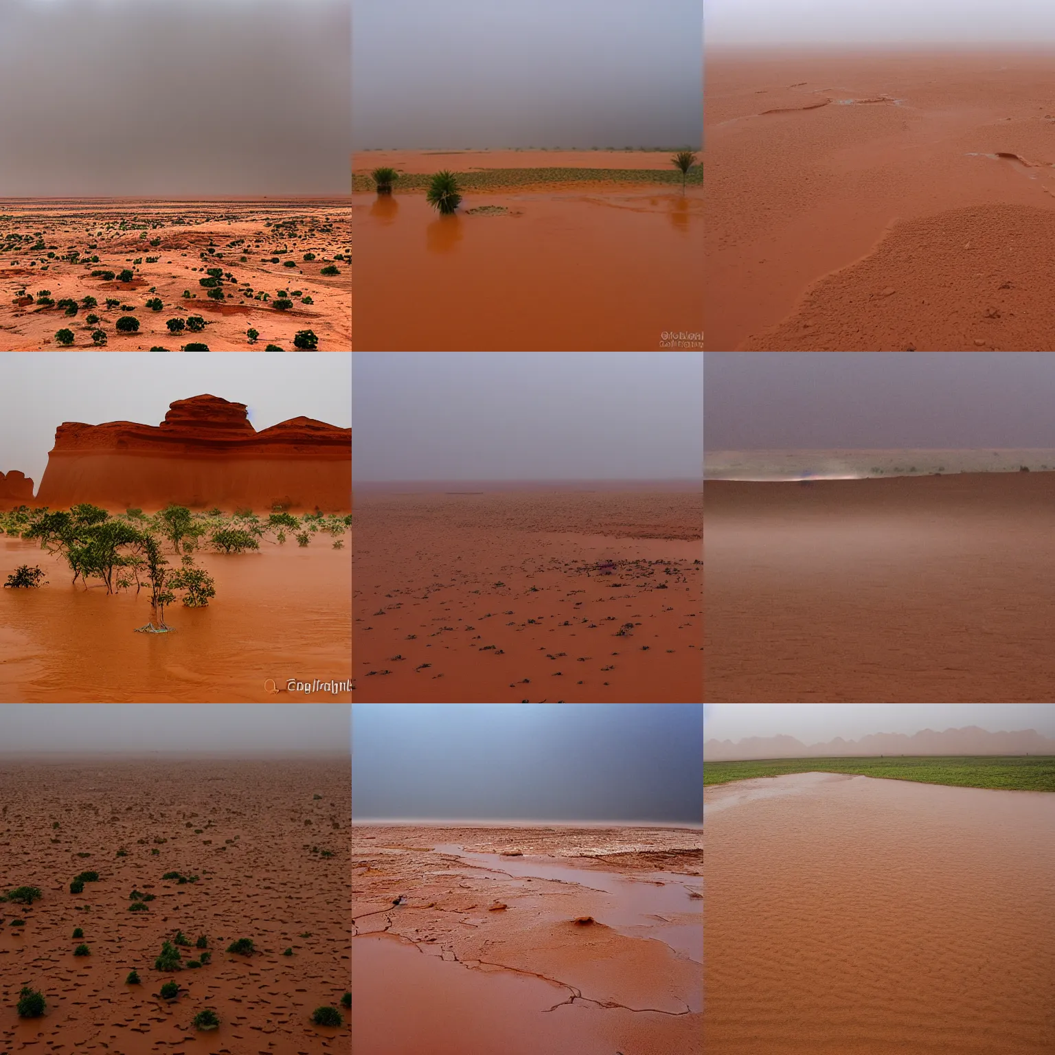 Prompt: heavy monsoon rain in the sahara desert