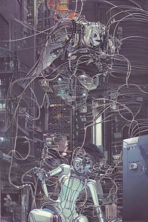 Image similar to beautiful hyperdetailed cyberpunk anime illustration of a feline robot lying in the lab with wires and cables coming out of his head and back, by moebius, masamune shirow and katsuhiro otomo