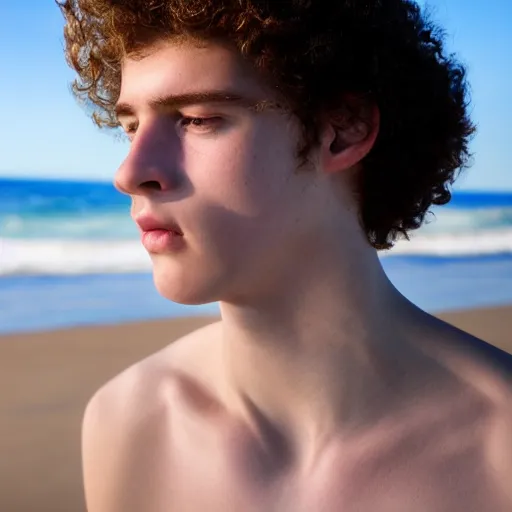 Image similar to beautiful teenage boy with pale skin amd natural hair is looking for something in the sand on the beach. Blue sky. Detailed face. Photo 8K.