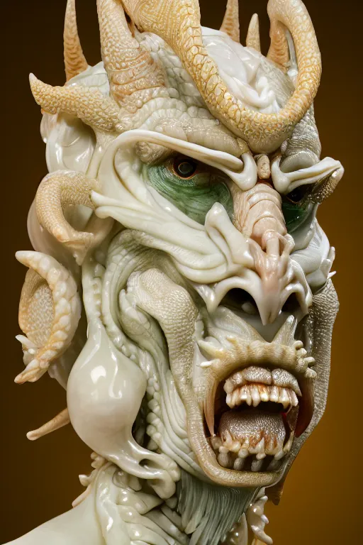 Image similar to a closeup portrait photo, alabaster and jade real delicate ceramic porcelain sculpture of an ornate detailed humanoid dragon demon devil god in front of an intricate background by rafael, micro detail, backlit lighting, subsurface scattering, translucent, thin porcelain, emerald, flames, amber, octane renderer, colorful, physically based rendering, trending on cgsociety