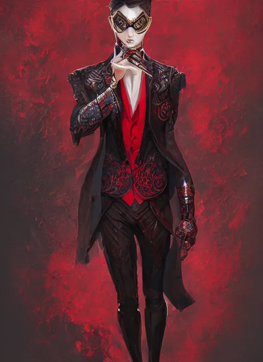 Prompt: a highly detailed illustration of short wavy haired man wearing masquerade and red and black suit, dramatic standing pose, intricate, elegant, highly detailed, centered, digital painting, artstation, concept art, smooth, sharp focus, league of legends concept art, wlop