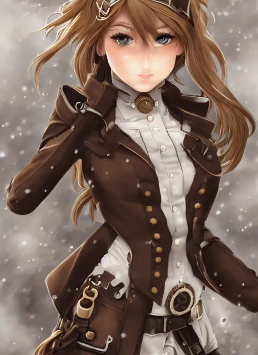 Image similar to girl with steampunk weapons and uniform, serious, intense, finely detailed, made by artgerm, full body portrait, illustration, snow, snowing, cloudy, anime, side view, perfect anime face, realistic face, zoomed out, smooth, brown eyes, high waisted shorts, sharp focus