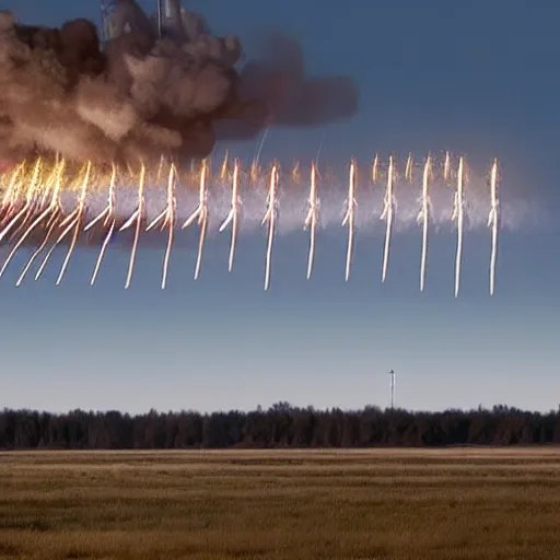 Prompt: hundreds of missiles launching from the american midwest, realistic, photograph by dod