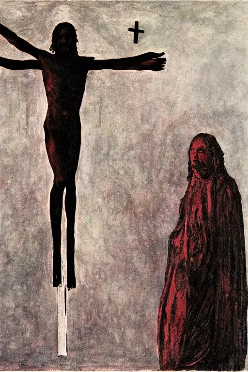 Prompt: bloody christ crucified and a huge ufo in the sky painted by cy twombly and andy warhol