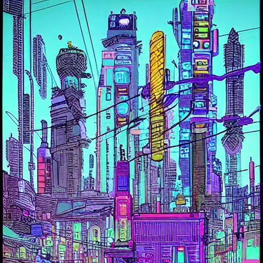 Prompt: neon cyberpunk city street in the style of Jean Giraud, Moebius