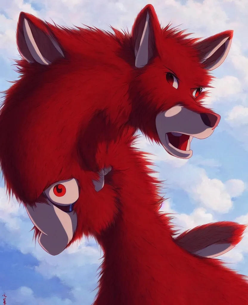 Image similar to beautiful painting from the anime film by studio ghibli, red anthropomorphic furry horse human hybrid, drooling, fur, trending on artstation