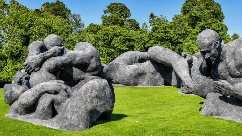 Prompt: a colossal impossible granite sculpture garden by michelangelo and henry moore and david cerny, on a green lawn, distant mountains, 8 k, dslr camera, whose mothers live between an easy life and a memory to be, award winning, 5